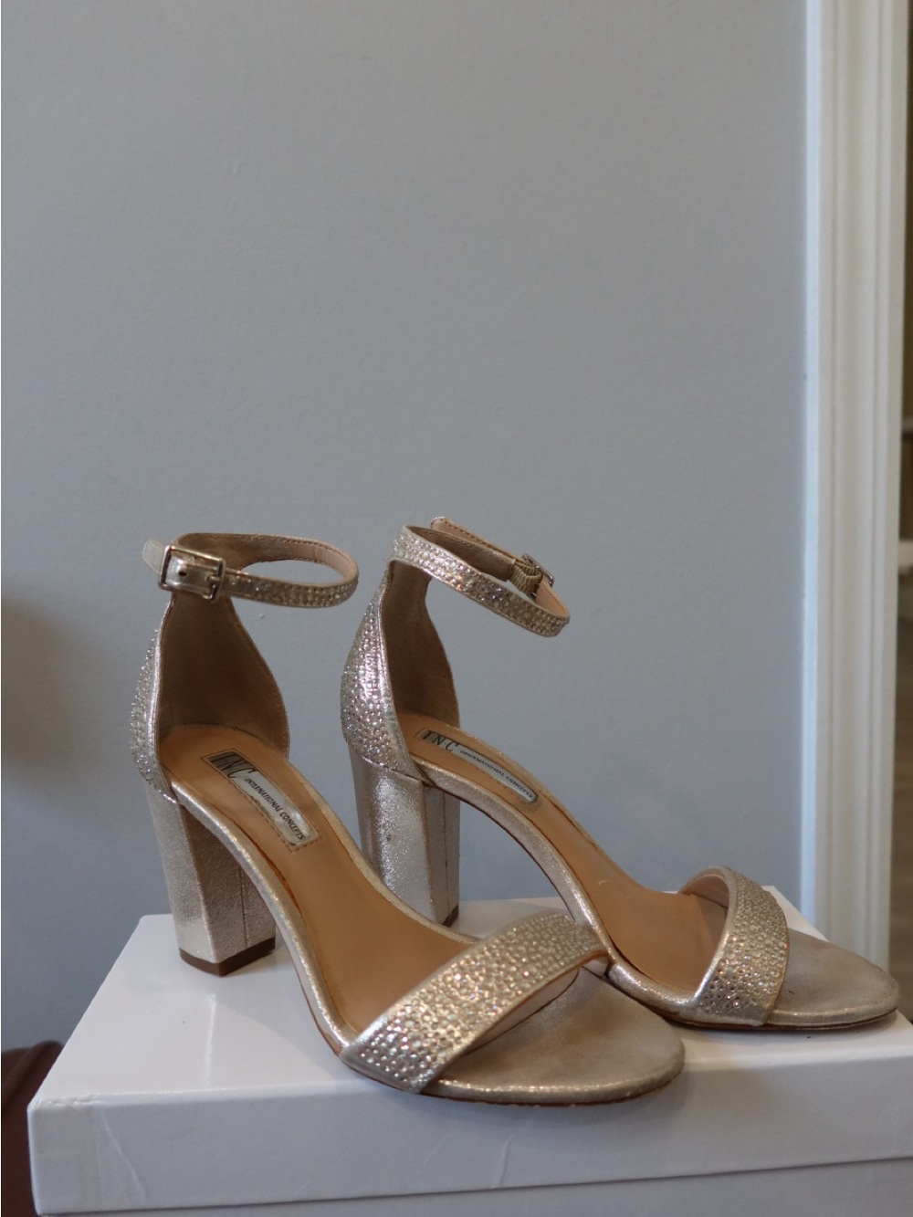 INC International Concepts Gold Metallic Block Heel Sandals